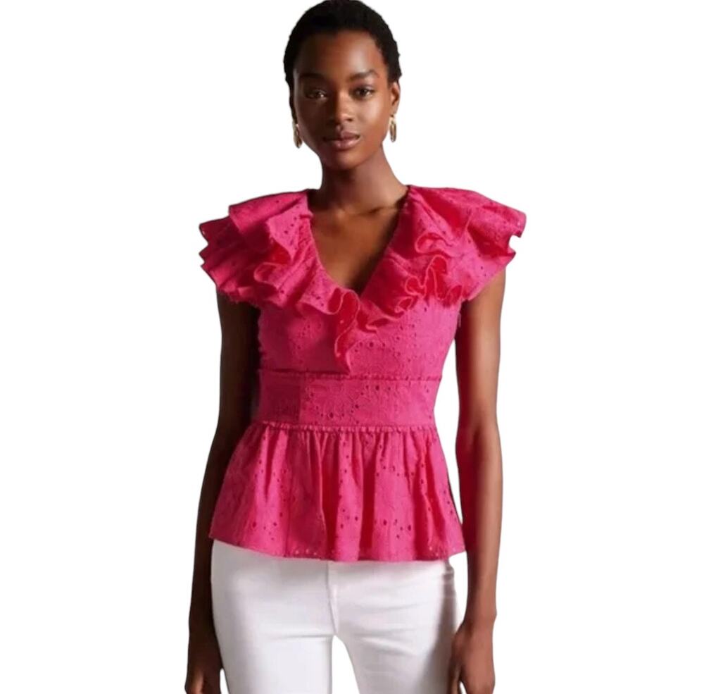 NWT! Ted Baker Mazieh Broderie Peplum Top in Bright Pink - Size 1 (US Size 4)